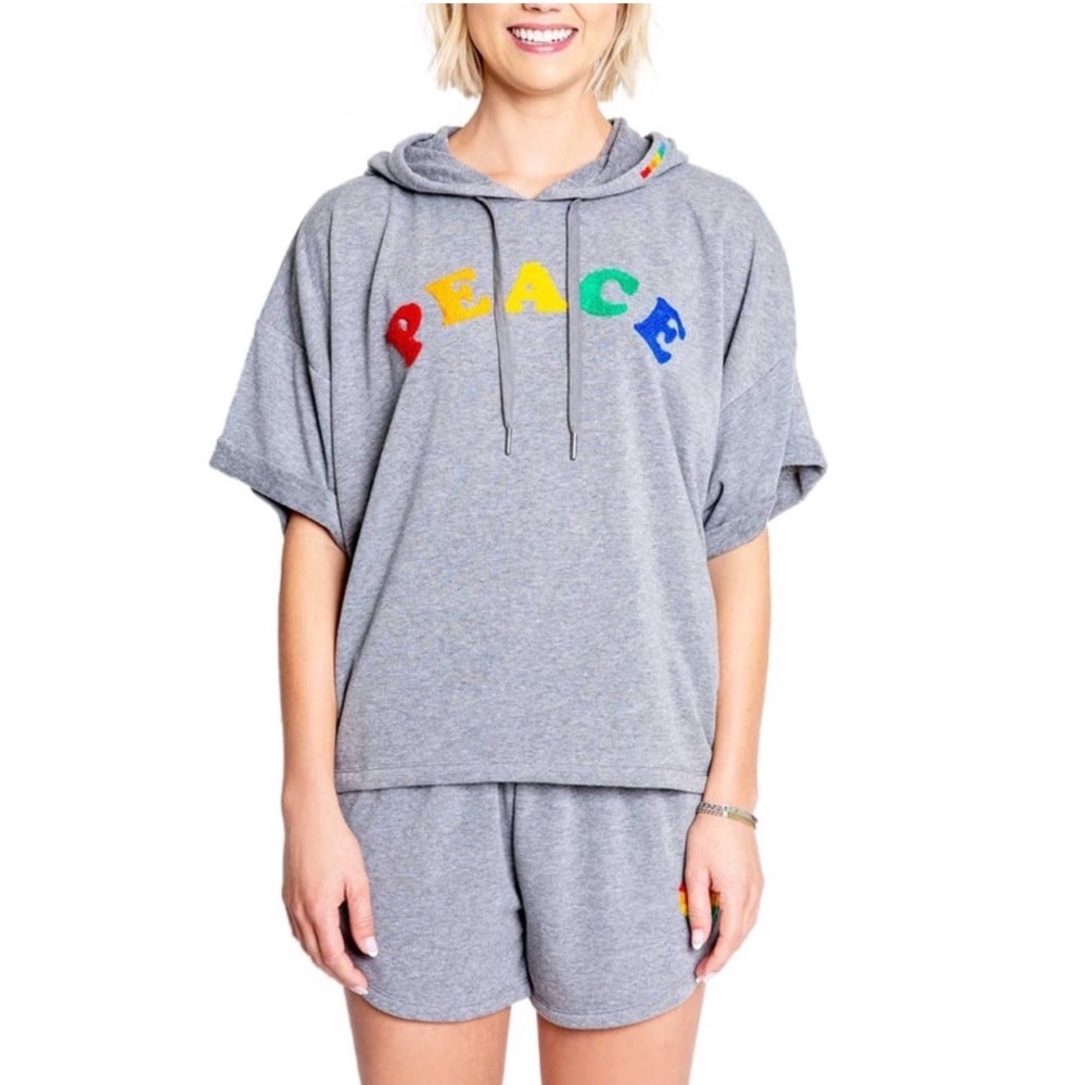 P. J. Salvage Peace Short Sleeve Hoodie Sweatshirt Size Large